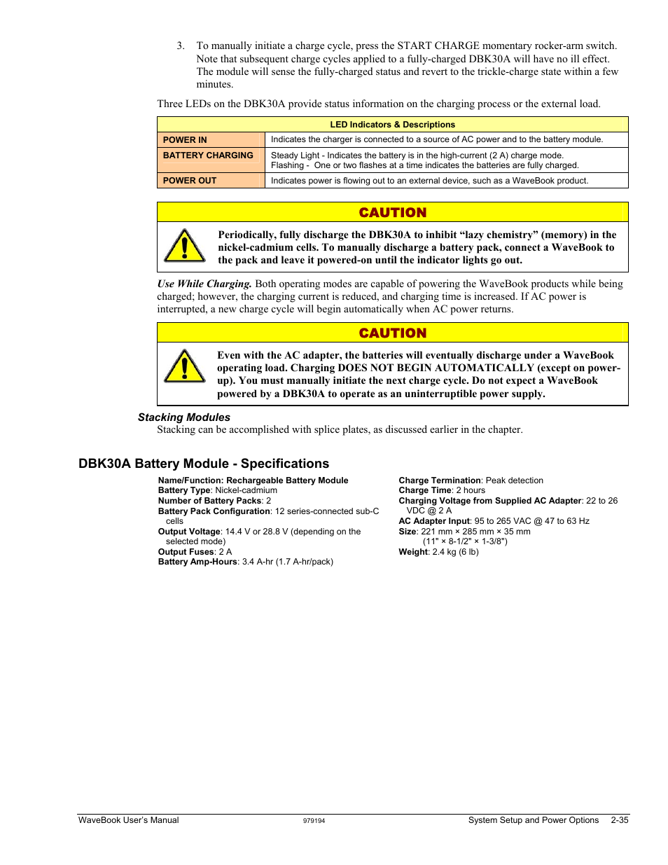 Dbk30a battery module - specifications, Caution | Measurement Computing WaveBook rev.5.3 User Manual | Page 55 / 154