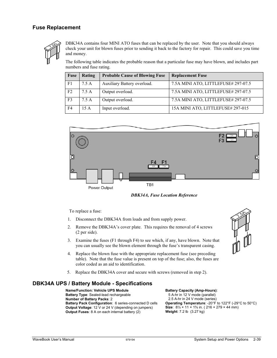Fuse replacement, Dbk34a ups / battery module - specifications | Measurement Computing WaveBook rev.5.3 User Manual | Page 59 / 154