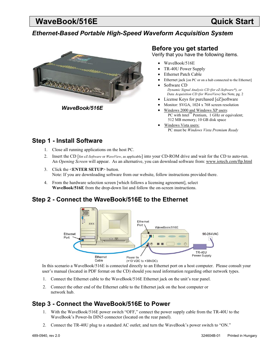 Quick start - wavebook/516e, Wavebook/516e quick start, Before you get started | Step 1 - install software, Step 2 - connect the wavebook/516e to the ethernet, Step 3 - connect the wavebook/516e to power | Measurement Computing WaveBook rev.5.3 User Manual | Page 9 / 154