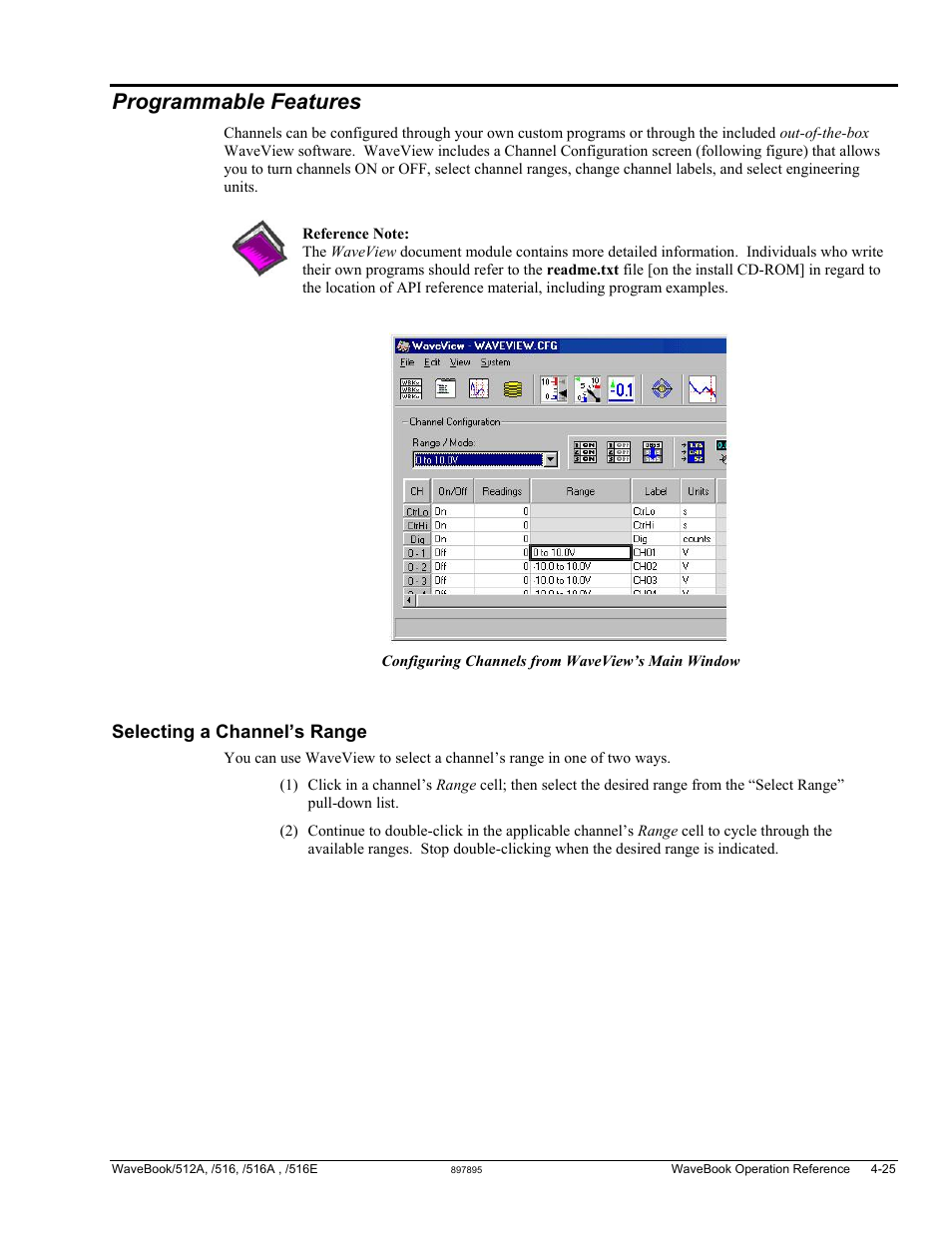Programmable features, Selecting a channel’s range | Measurement Computing WaveBook rev.5.3 User Manual | Page 95 / 154