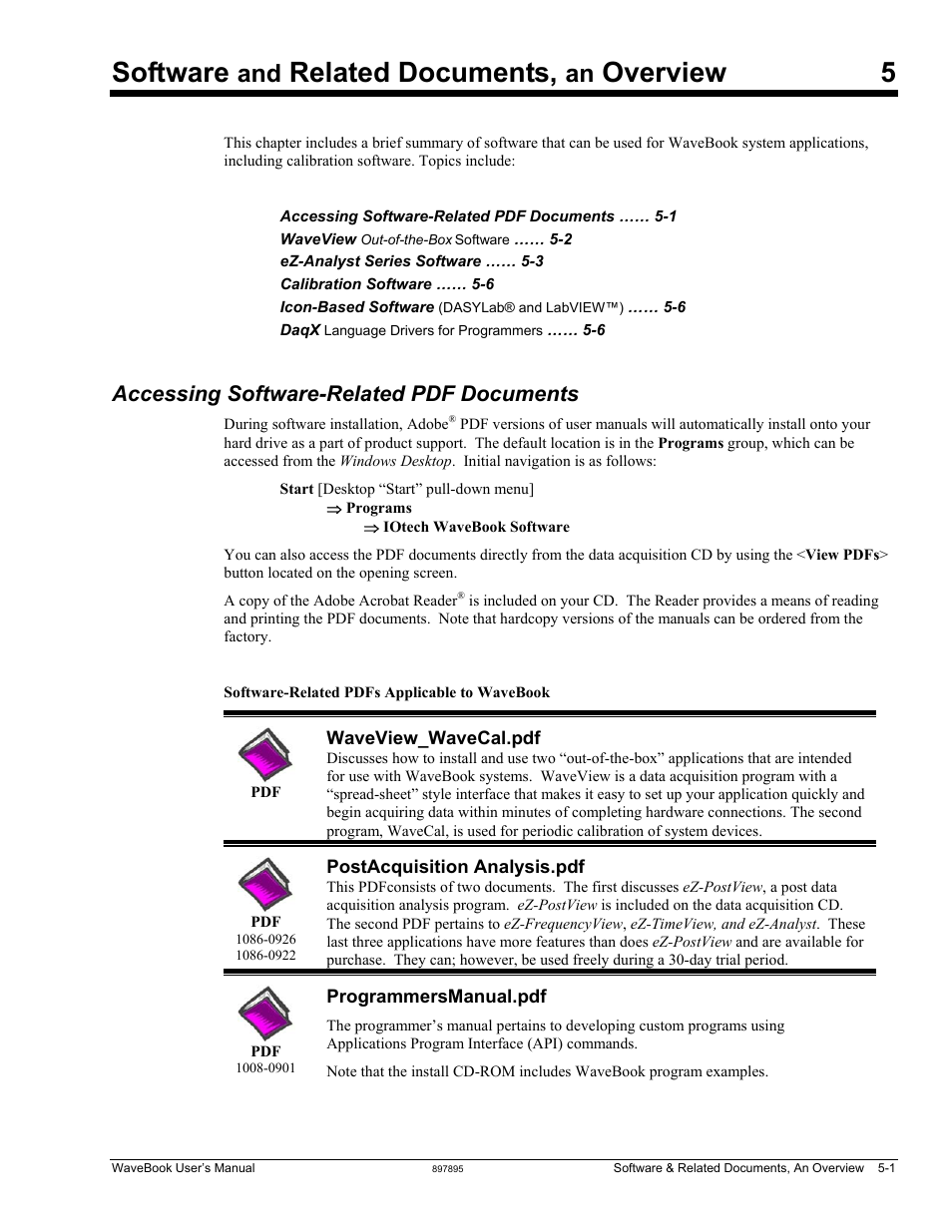 5 - software and related documents, an overview, Accessing software-related pdf documents, Software | Related documents, Overview 5 | Measurement Computing WaveBook rev.5.3 User Manual | Page 99 / 154