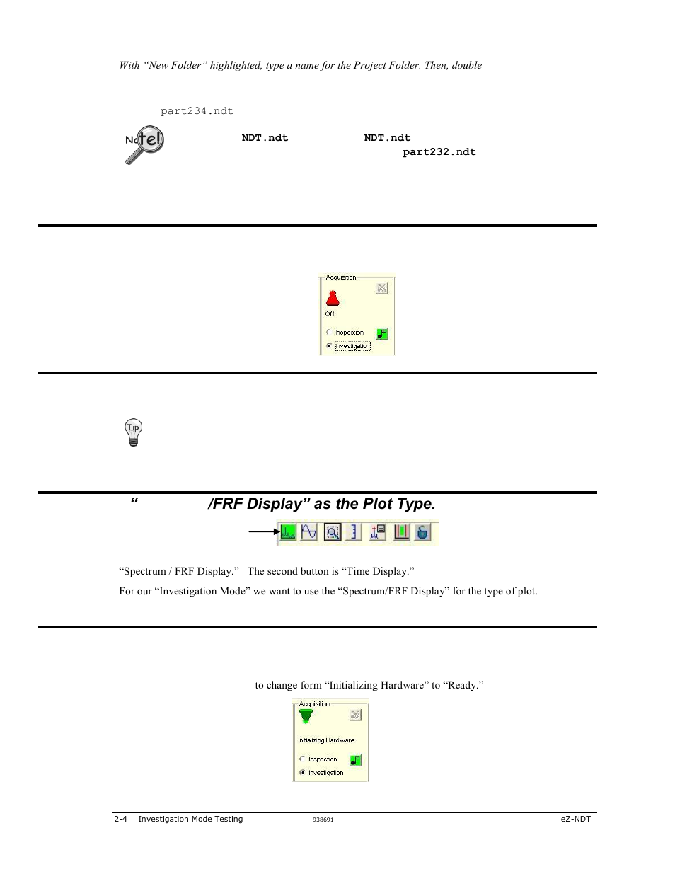 Select investigation mode, Configure the analyzer, Select “spectrum/frf display” as the plot type | Turn on data acquisition | Measurement Computing eZ-NDT version 6.0.9 User Manual | Page 10 / 48