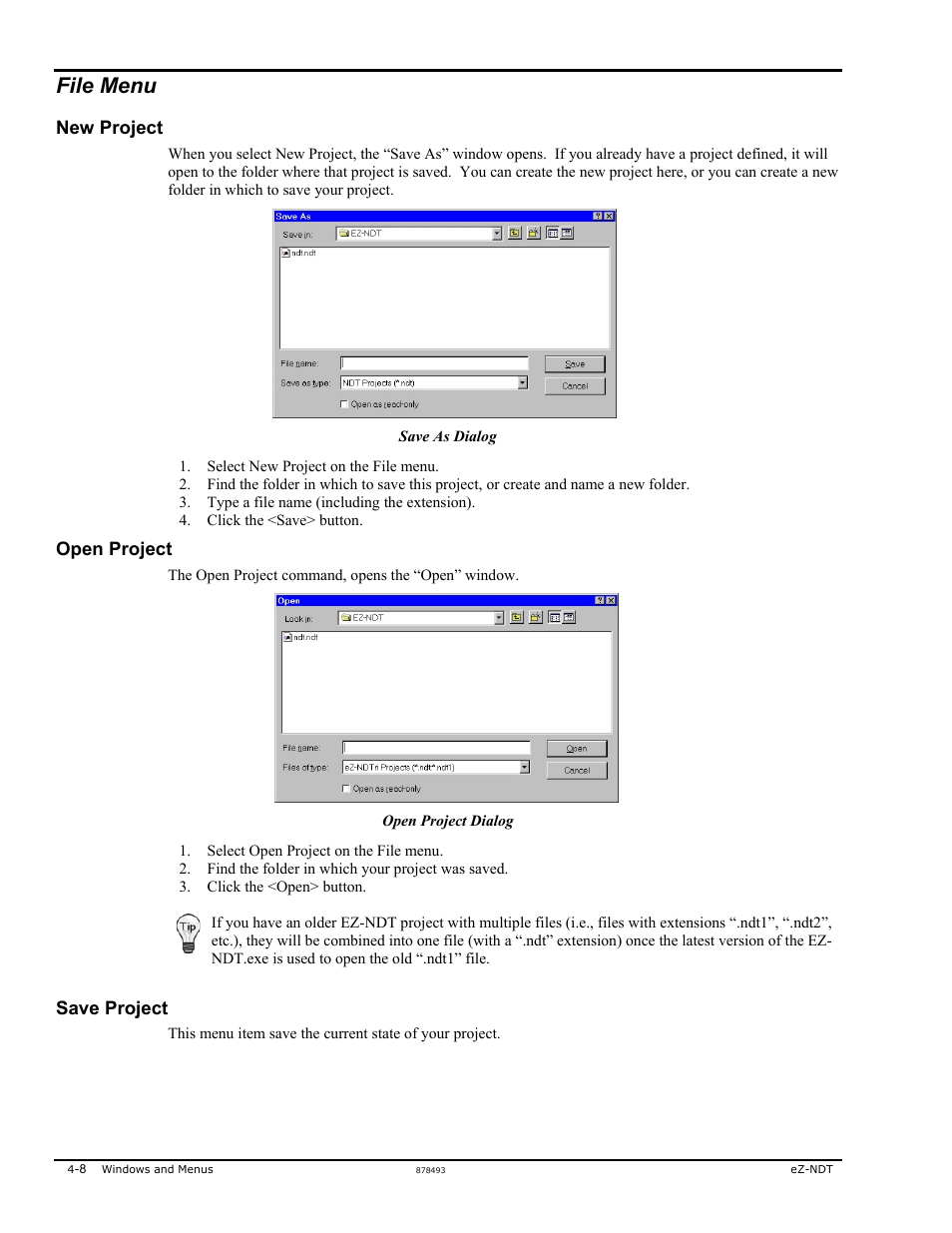 File menu, New project, Open project | Save project | Measurement Computing eZ-NDT version 6.0.9 User Manual | Page 28 / 48