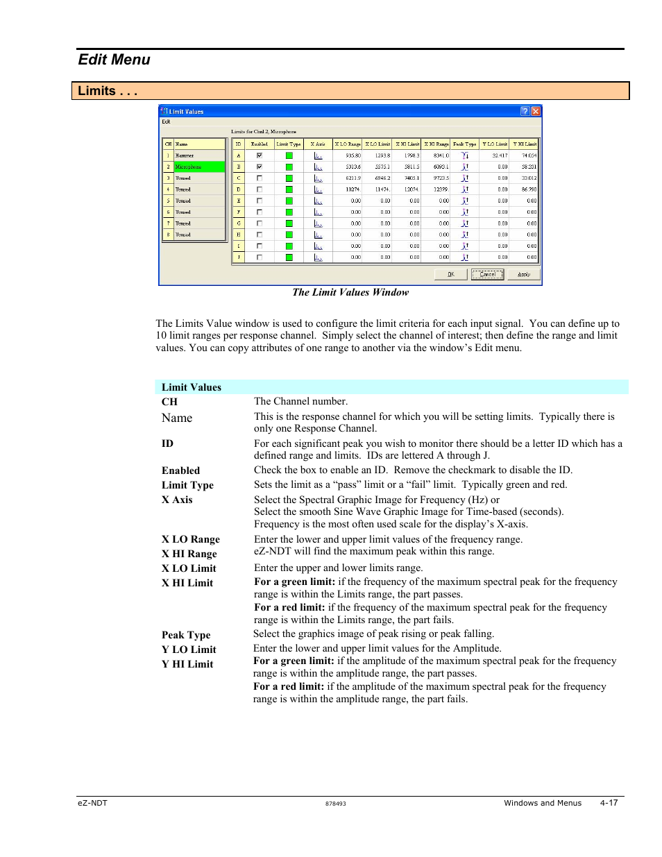Edit menu, Limits, Name | Measurement Computing eZ-NDT version 6.0.9 User Manual | Page 37 / 48