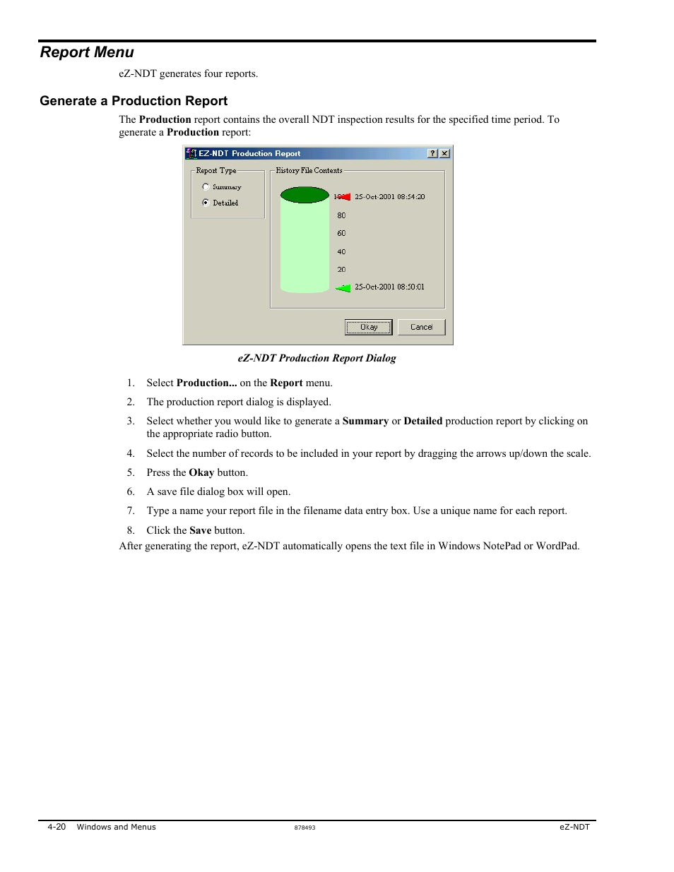 Report menu, Generate a production report | Measurement Computing eZ-NDT version 6.0.9 User Manual | Page 40 / 48