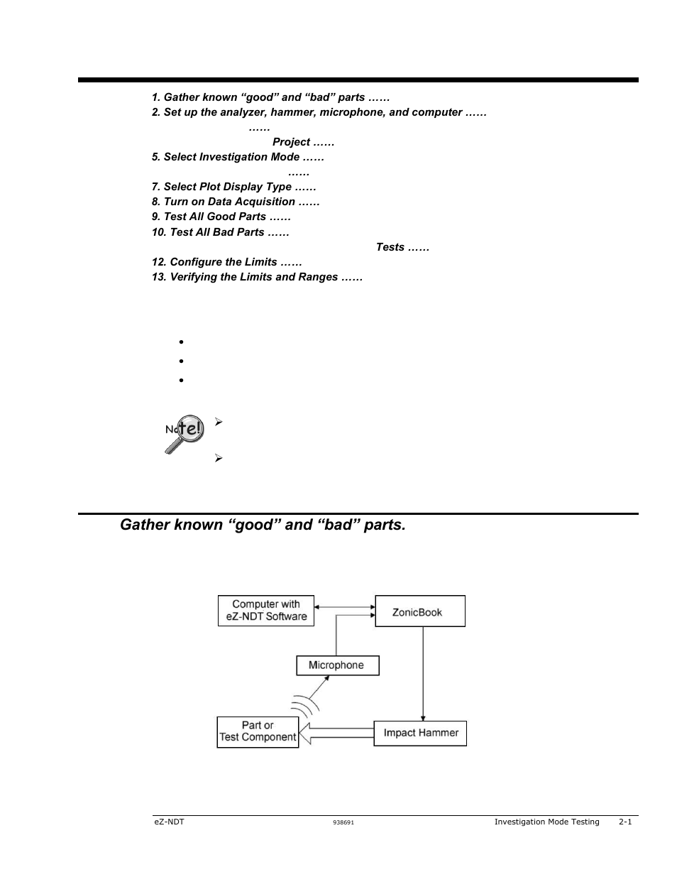 2 - investigation mode testing, Investigation mode testing 2, Gather known “good” and “bad” parts | Measurement Computing eZ-NDT version 6.0.9 User Manual | Page 7 / 48