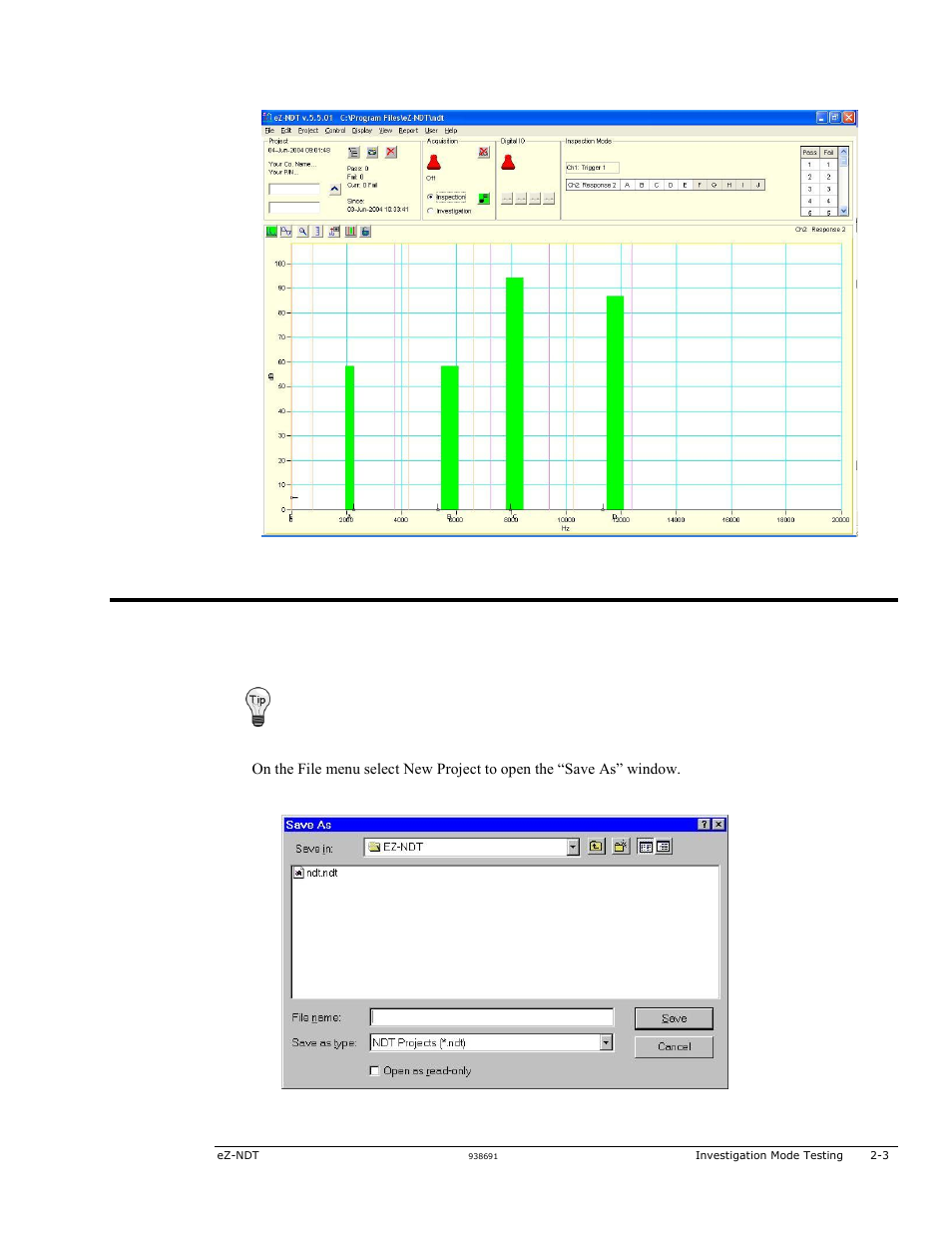 Open a new ez-ndt, Project …… 2-3, Open a new ez-ndt project | Measurement Computing eZ-NDT version 6.0.9 User Manual | Page 9 / 48