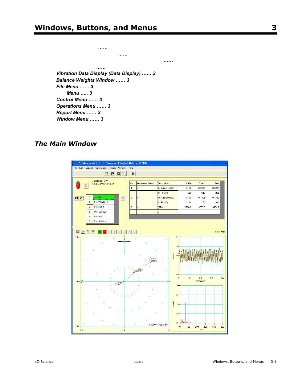 3 - windows, buttons, and menus, Windows, buttons, and menus 3, The main window | Measurement Computing eZ-Balance rev.9.0 User Manual | Page 19 / 40