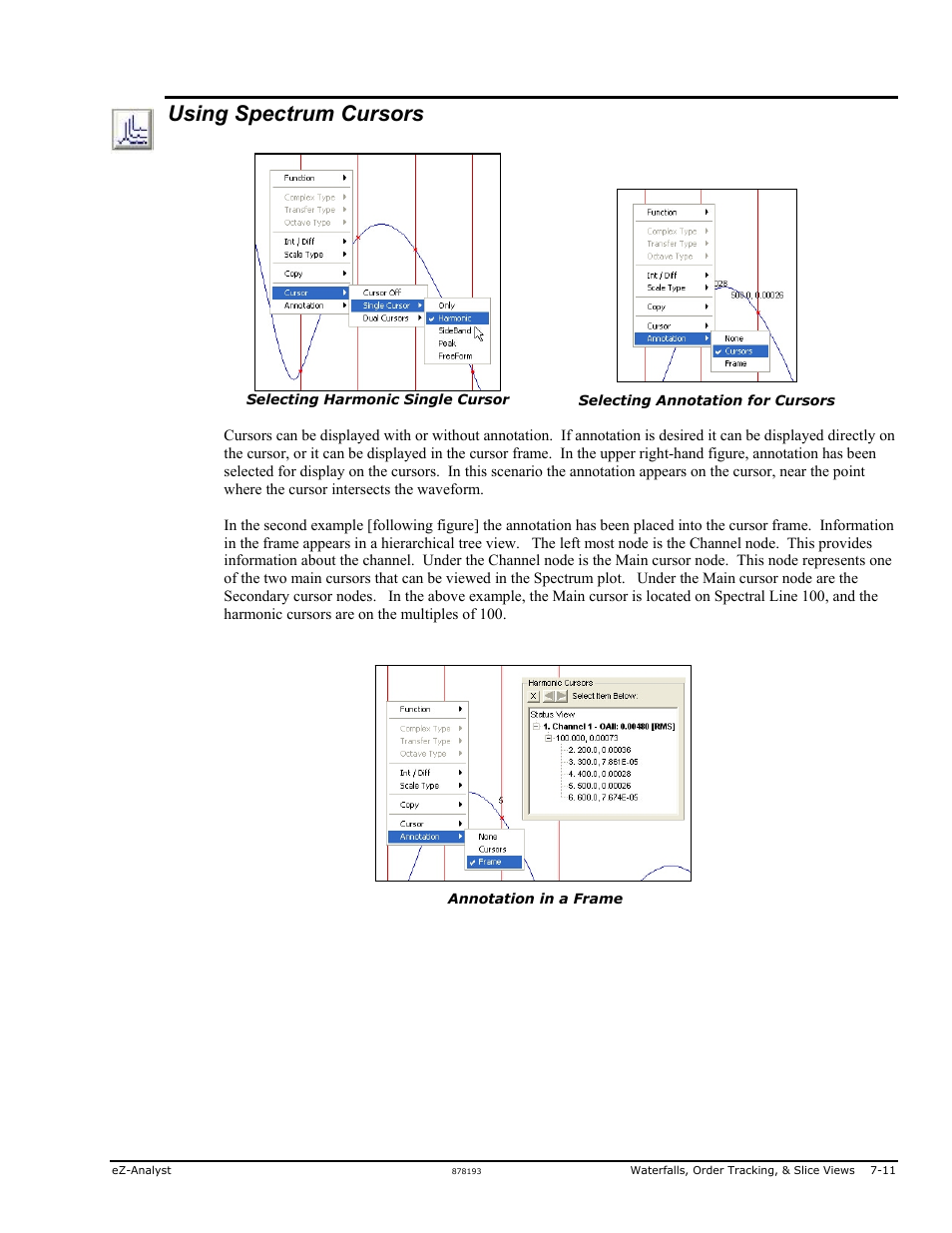 Ors …… 7-11, Using spectrum cursors | Measurement Computing eZ-Analyst rev.14.1 User Manual | Page 125 / 136