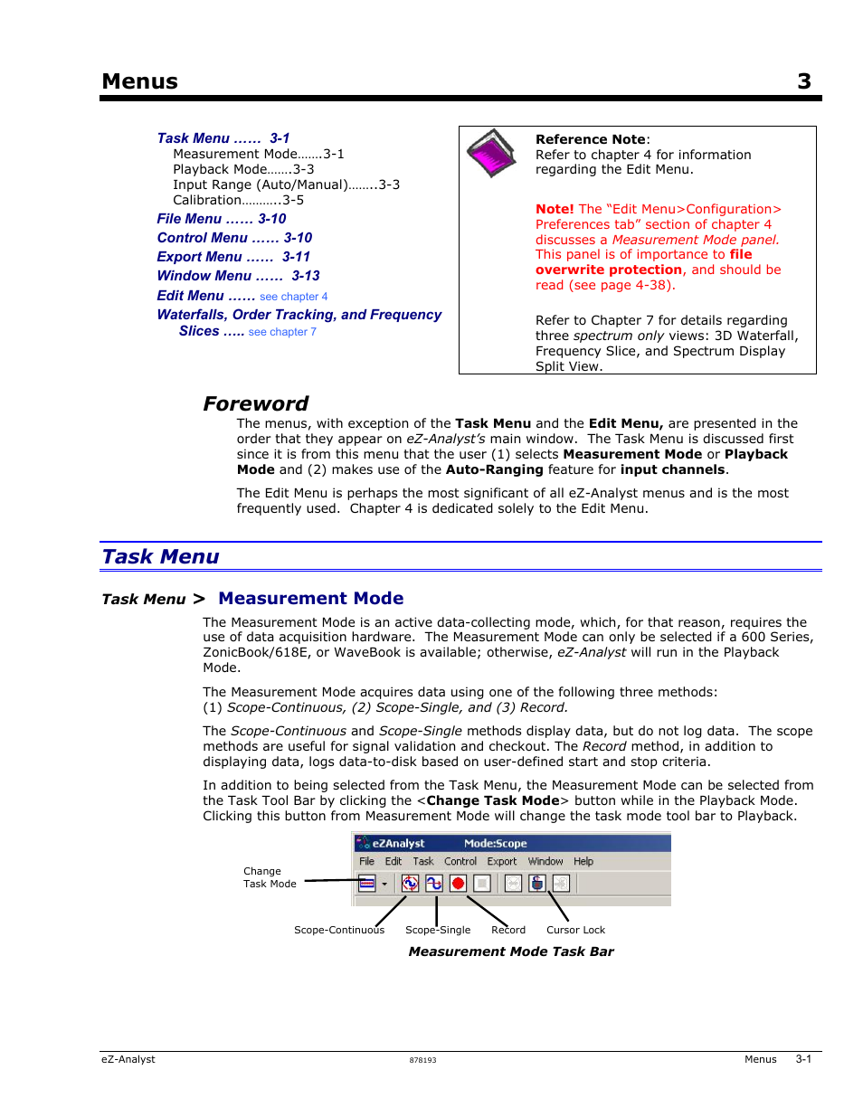 3 - menus, Task menu, Menus 3 | Foreword, Measurement mode | Measurement Computing eZ-Analyst rev.14.1 User Manual | Page 19 / 136