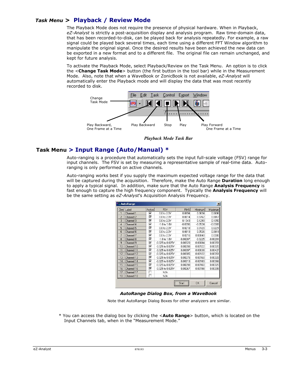 Playback / review mode, Input range (auto/manual) | Measurement Computing eZ-Analyst rev.14.1 User Manual | Page 21 / 136