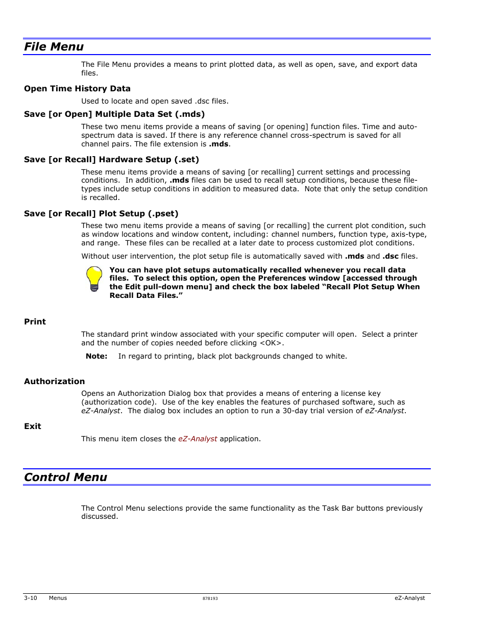 File menu, Control menu, Nu …… 3-10 | Measurement Computing eZ-Analyst rev.14.1 User Manual | Page 28 / 136
