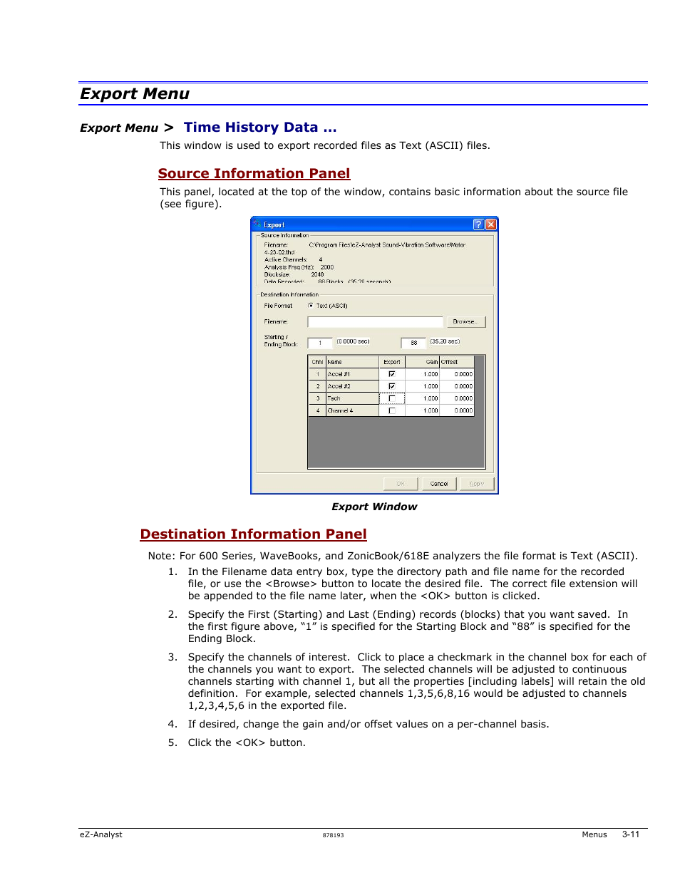 Export menu, Export menu …… 3-11, Time history data | Source information panel, Destination information panel | Measurement Computing eZ-Analyst rev.14.1 User Manual | Page 29 / 136