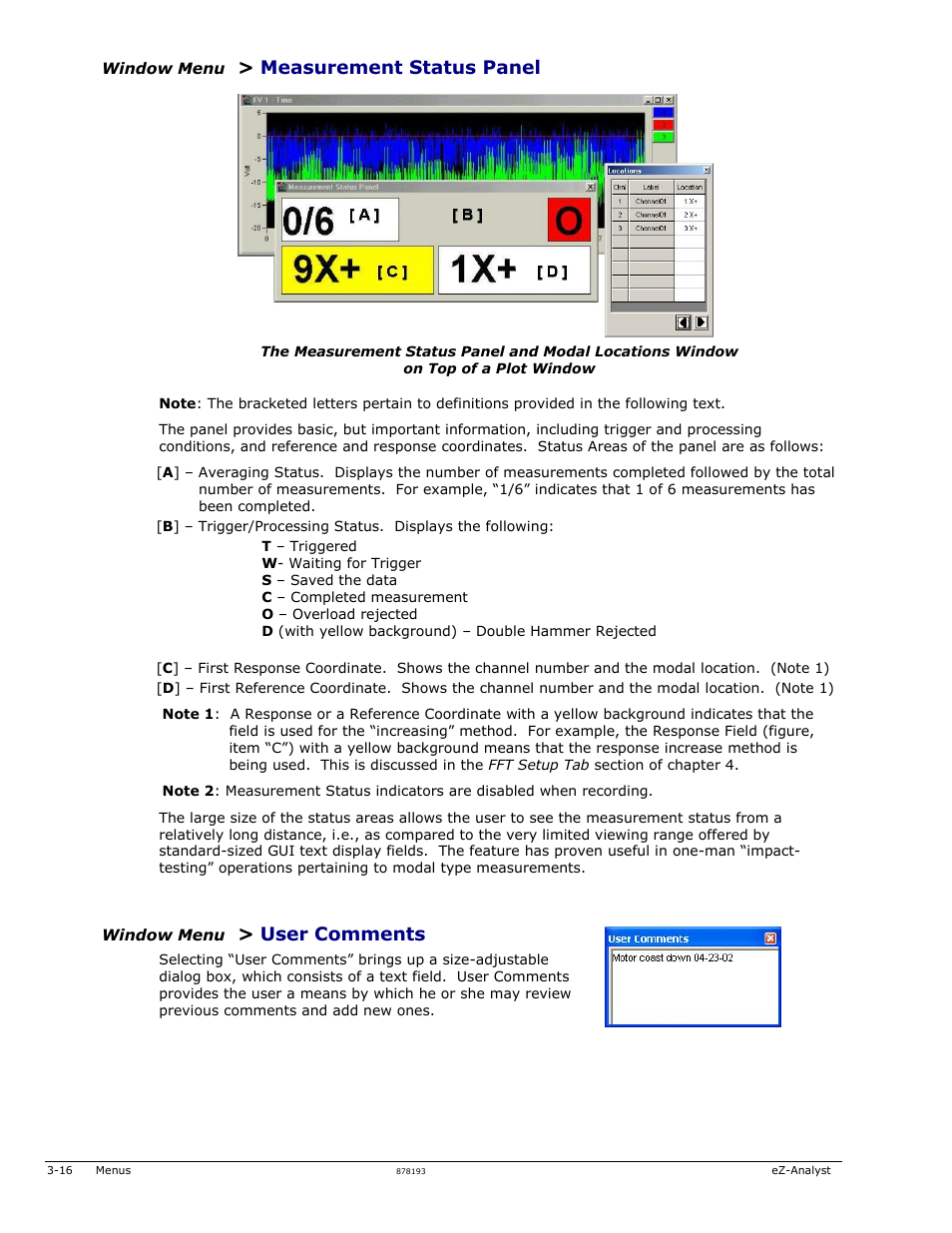 Measurement status panel, User comments | Measurement Computing eZ-Analyst rev.14.1 User Manual | Page 34 / 136