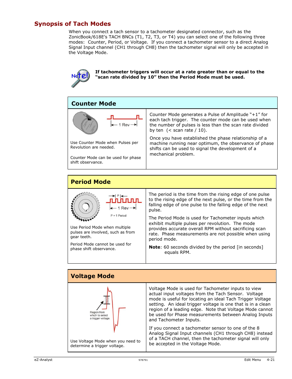 Synopsis of tach modes, Counter mode, Period mode | Voltage mode | Measurement Computing eZ-Analyst rev.14.1 User Manual | Page 57 / 136