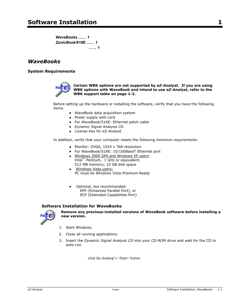 1 - software installation, Wavebooks, Software installation 1 | Measurement Computing eZ-Analyst rev.14.1 User Manual | Page 7 / 136
