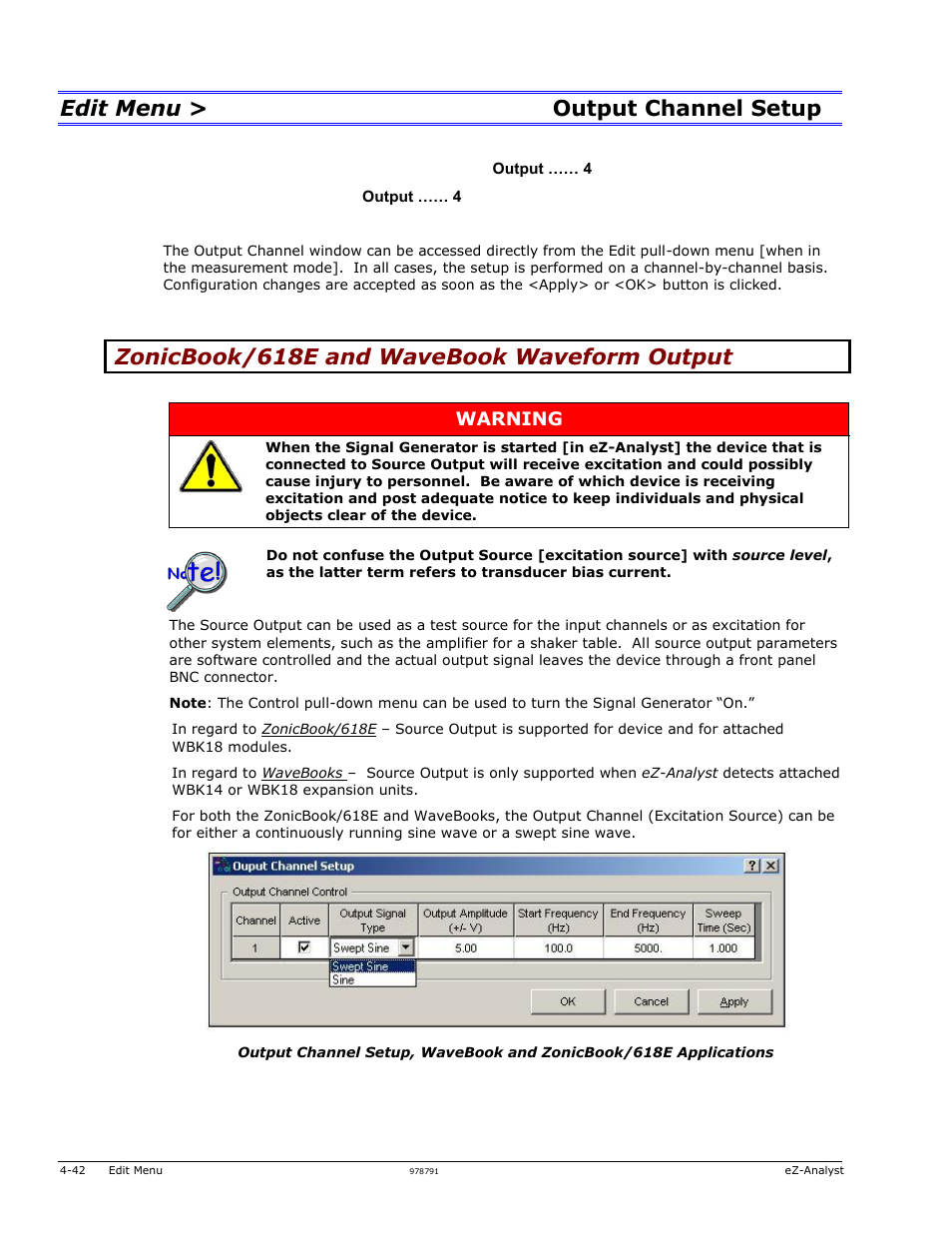 Output channel setup, Edit menu > output channel setup, Zonicbook/618e and wavebook waveform output | Measurement Computing eZ-Analyst rev.14.1 User Manual | Page 78 / 136