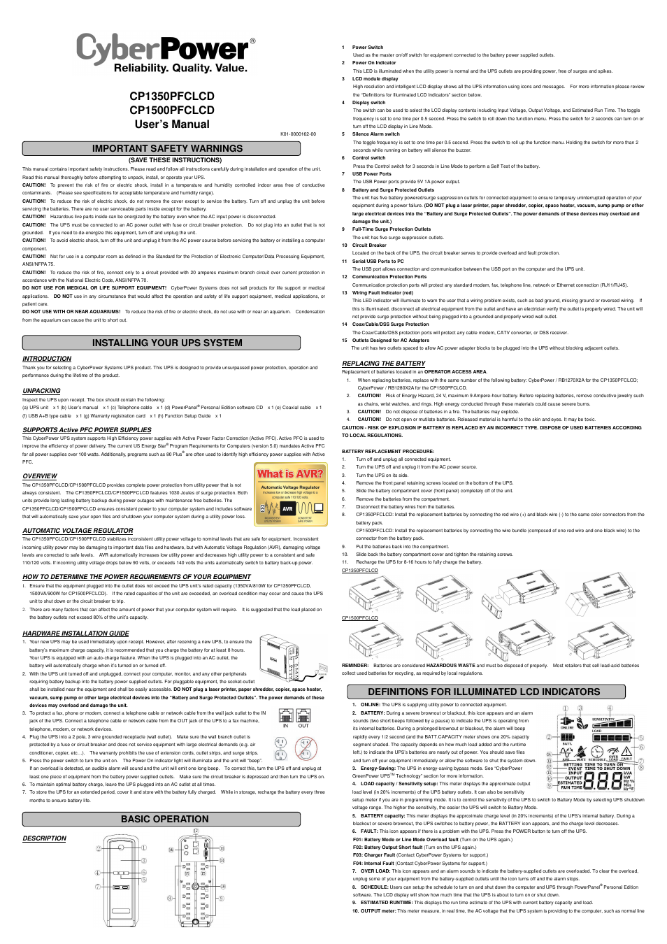 CyberPower Systems CP1500PFCLCD User Manual | 2 pages