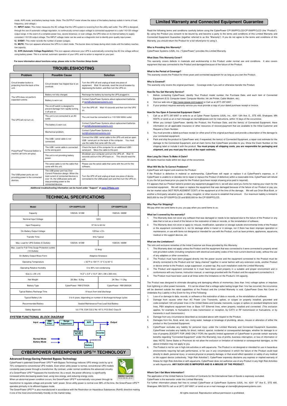 Troubleshooting | CyberPower Systems CP1500PFCLCD User Manual | Page 2 / 2