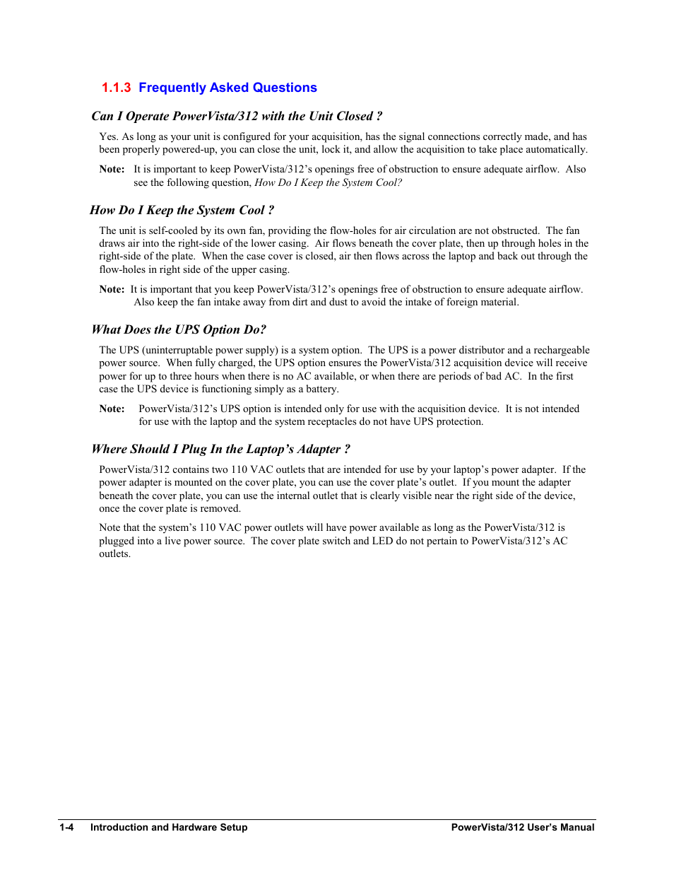 Frequently asked questions, Can i operate powervista/312 with the unit closed, How do i keep the system cool | What does the ups option do, Where should i plug in the laptop’s adapter | Measurement Computing WavePort 312P rev.1.0 User Manual | Page 10 / 82