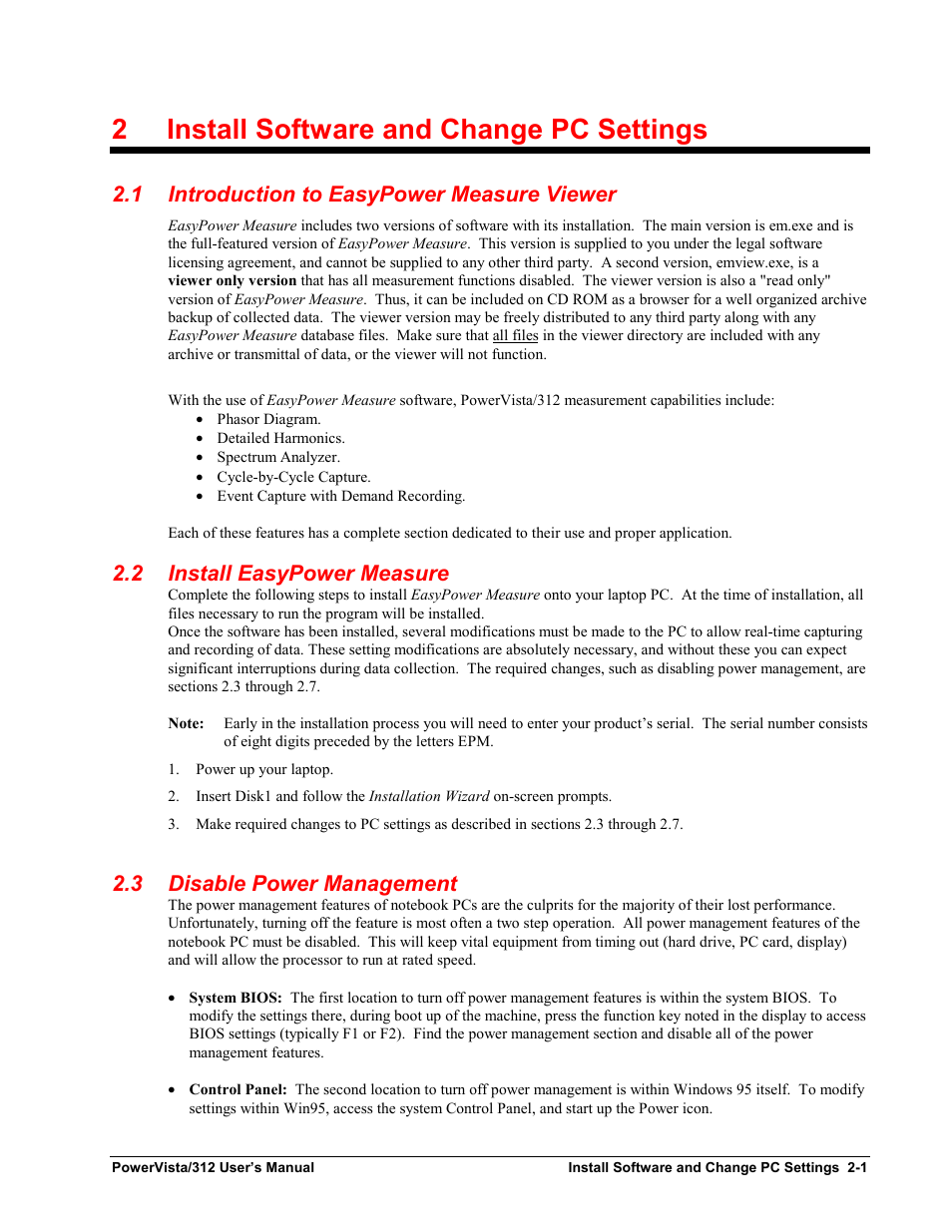 Introduction to easypower measure viewer, Install easypower measure, Disable power management | 2 install software & change pc settings, 2 install software and change pc settings, 1 introduction to easypower measure viewer, 2 install easypower measure, 3 disable power management | Measurement Computing WavePort 312P rev.1.0 User Manual | Page 13 / 82