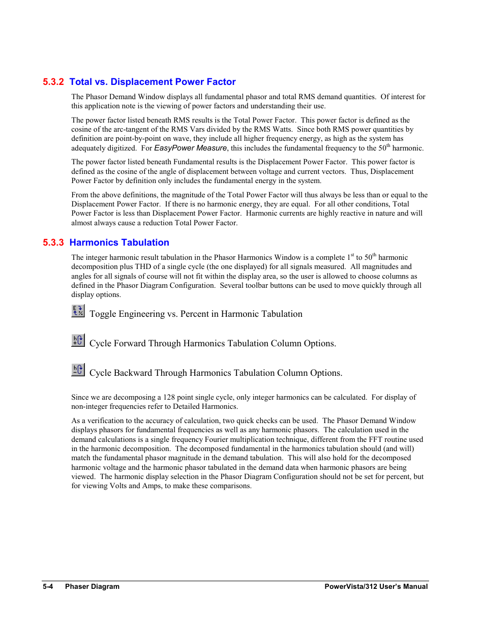 2 total vs. displacement power factor, 3 harmonics tabulation | Measurement Computing WavePort 312P rev.1.0 User Manual | Page 52 / 82