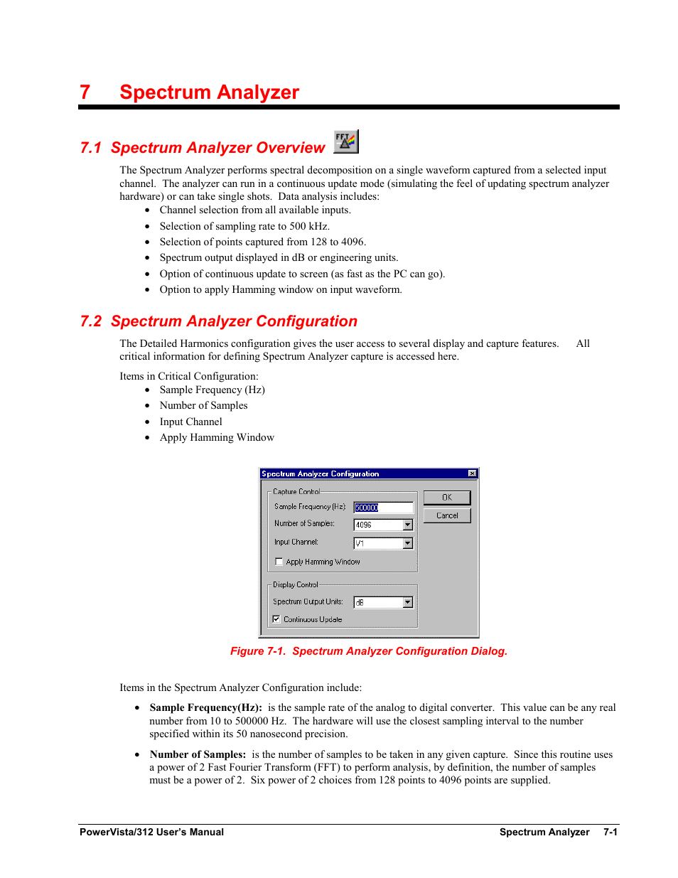 Chapter 7 - spectrum analyzer, 1 spectrum analyzer overview, 2 spectrum analyzer configuration | 7 spectrum analyzer, 7spectrum analyzer | Measurement Computing WavePort 312P rev.1.0 User Manual | Page 61 / 82