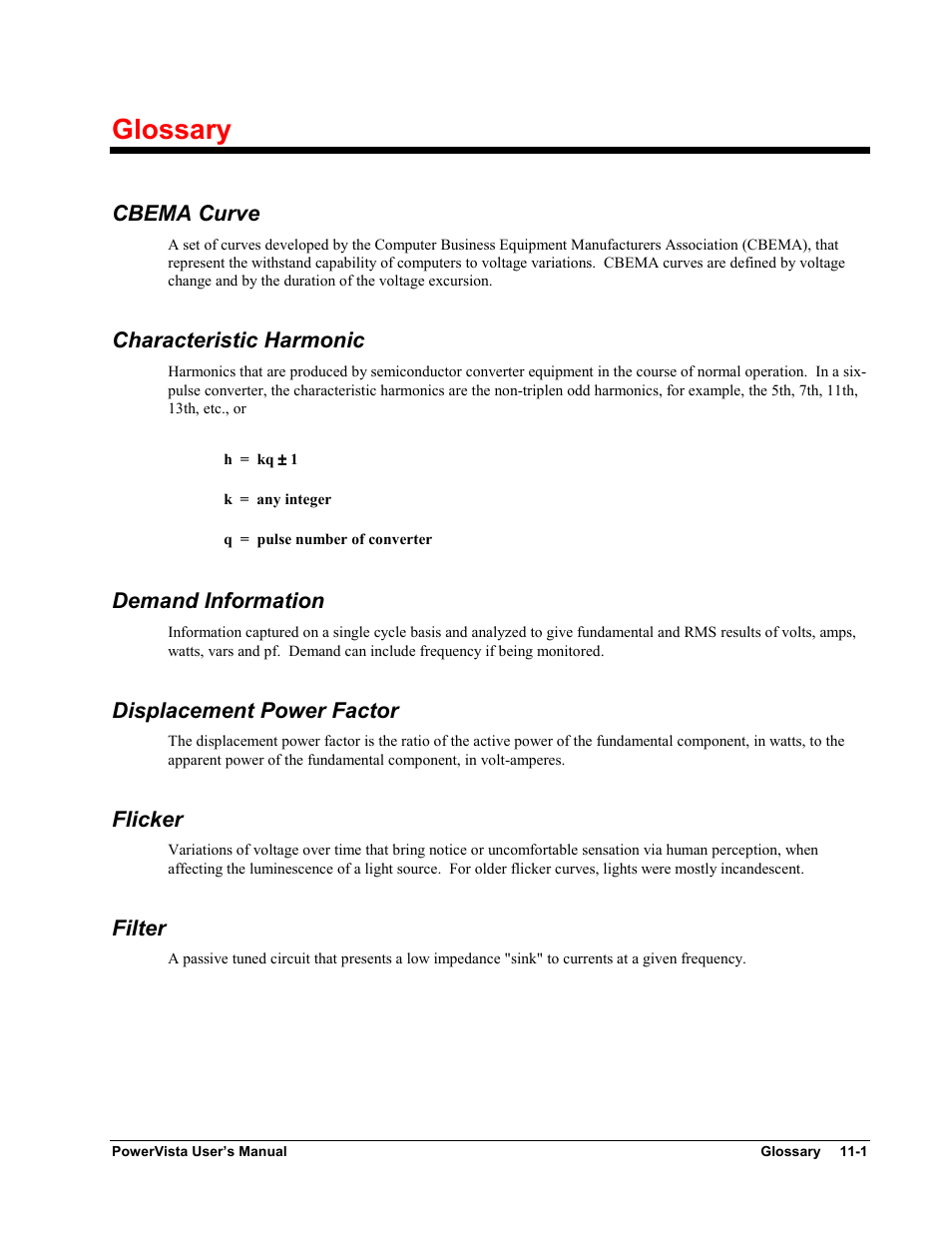 Glossary, Cbema curve, Characteristic harmonic | Demand information, Displacement power factor, Flicker, Filter, 11 glossary | Measurement Computing WavePort 312P rev.1.0 User Manual | Page 77 / 82
