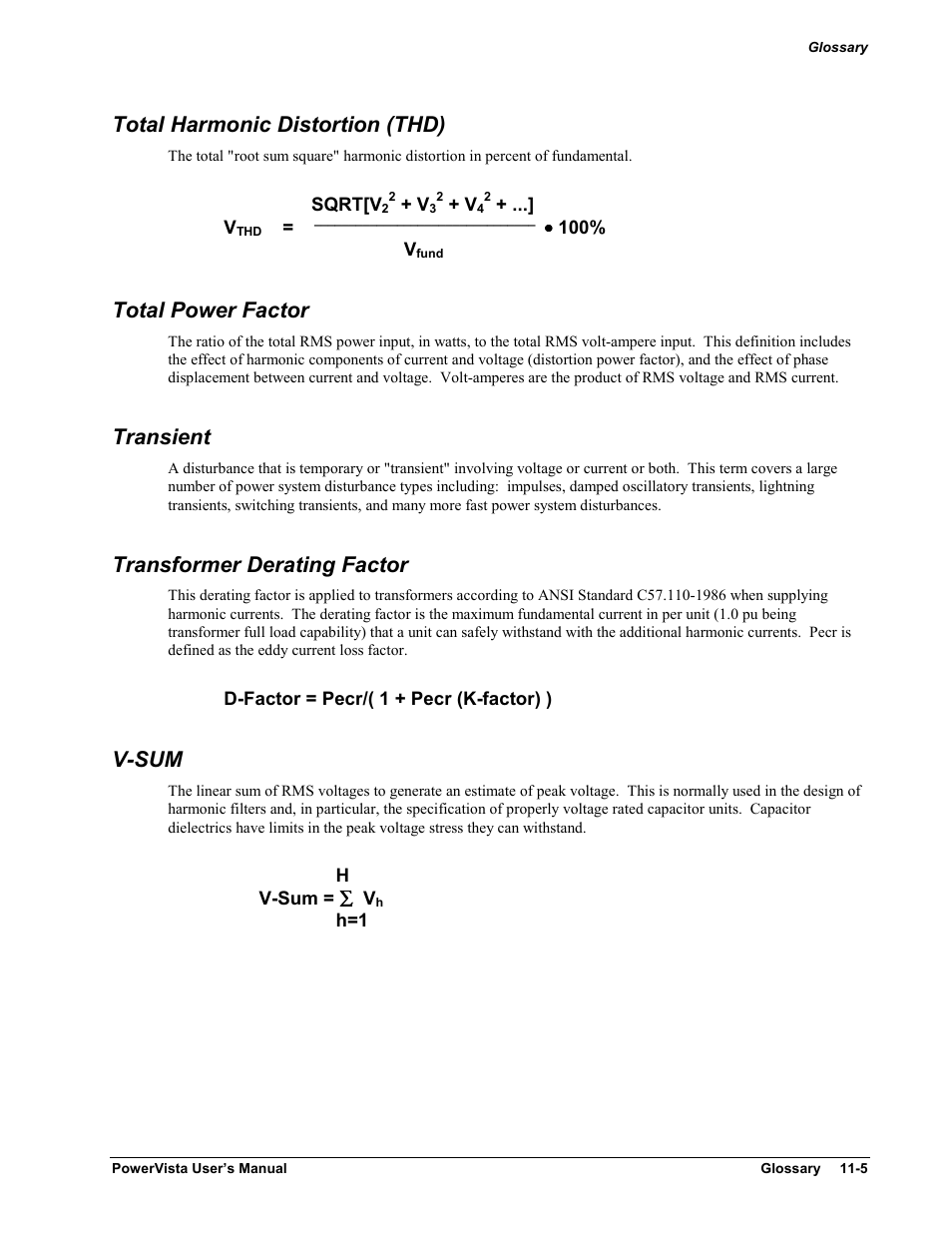 Total harmonic distortion (thd), Total power factor, Transient | Transformer derating factor, V-sum | Measurement Computing WavePort 312P rev.1.0 User Manual | Page 81 / 82