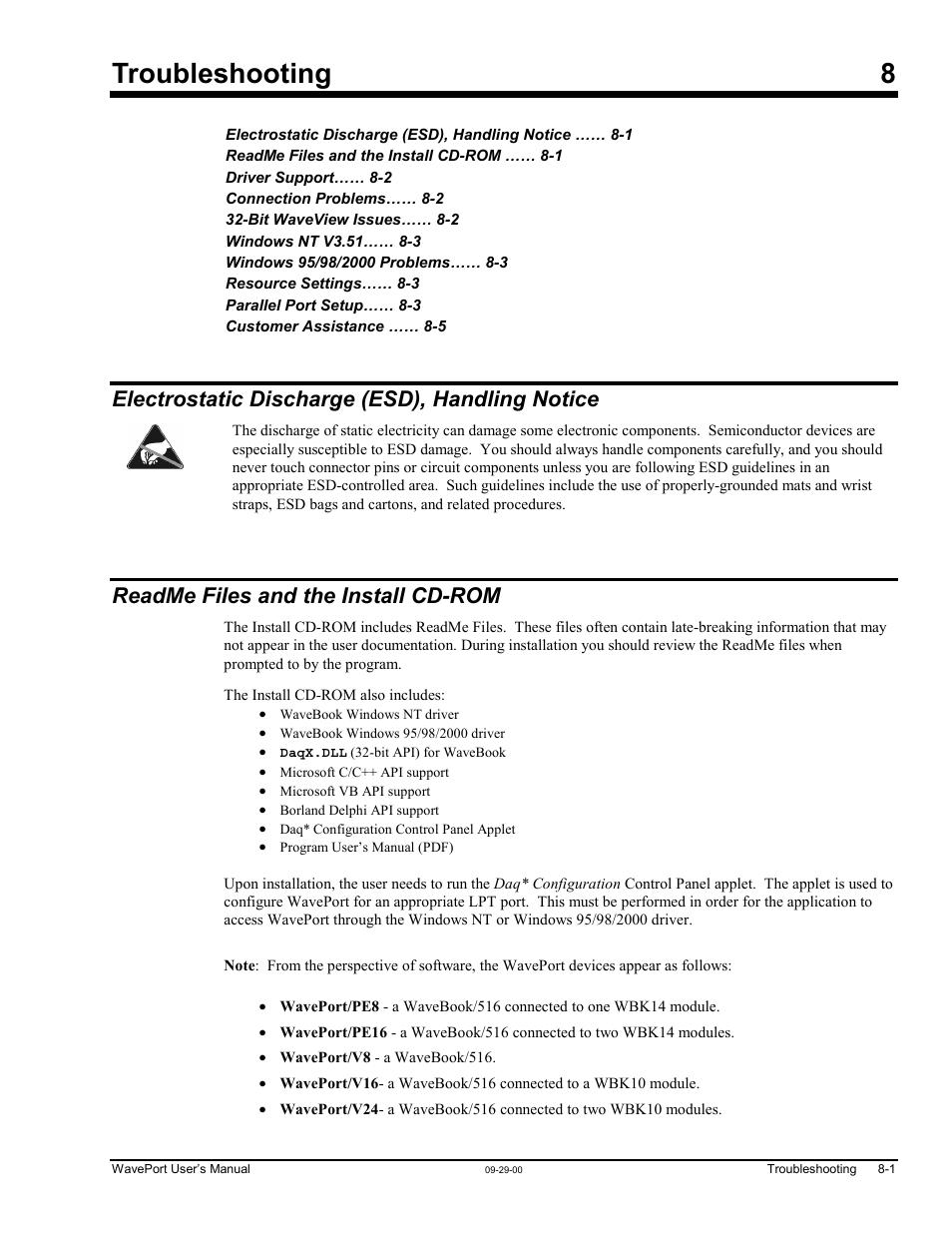 Chapter 8 - troubleshooting, Electrostatic discharge (esd), handling notice, Readme files and the install cd-rom | Troubleshooting 8 | Measurement Computing WavePort rev.3.0 User Manual | Page 111 / 140