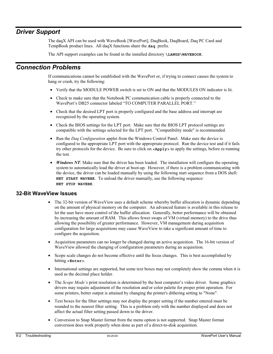 Driver support, Connection problems, Bit waveview issues | S…… 8, Es…… 8 | Measurement Computing WavePort rev.3.0 User Manual | Page 112 / 140