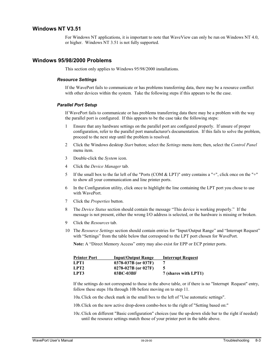 Windows nt v3.51, Windows 95/98/2000 problems, Resource settings | Parallel port setup, Oblems…… 8-3, Parallel port setup…… 8-3, Ce …… 8 | Measurement Computing WavePort rev.3.0 User Manual | Page 113 / 140