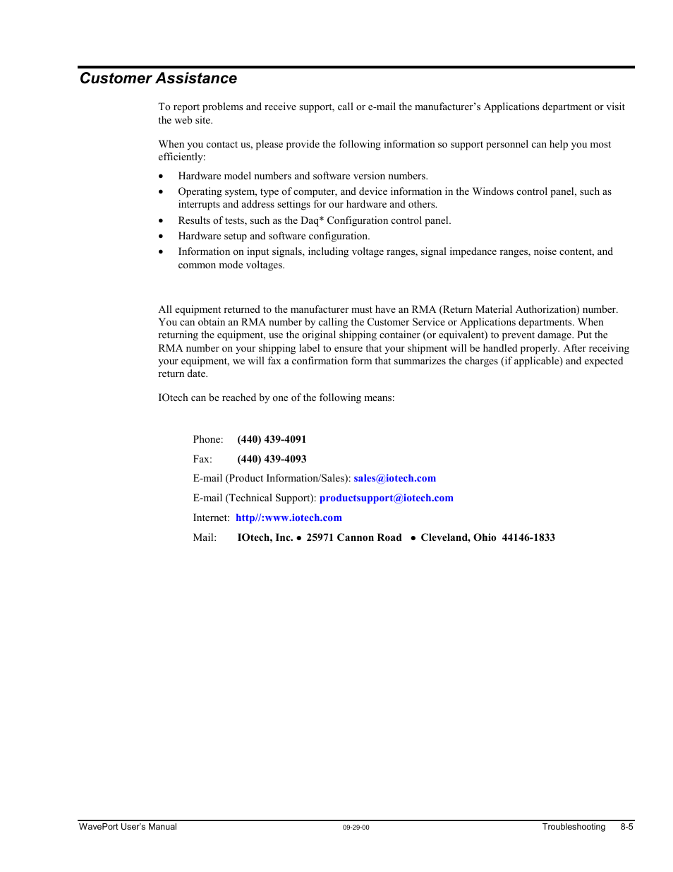 Customer assistance | Measurement Computing WavePort rev.3.0 User Manual | Page 115 / 140