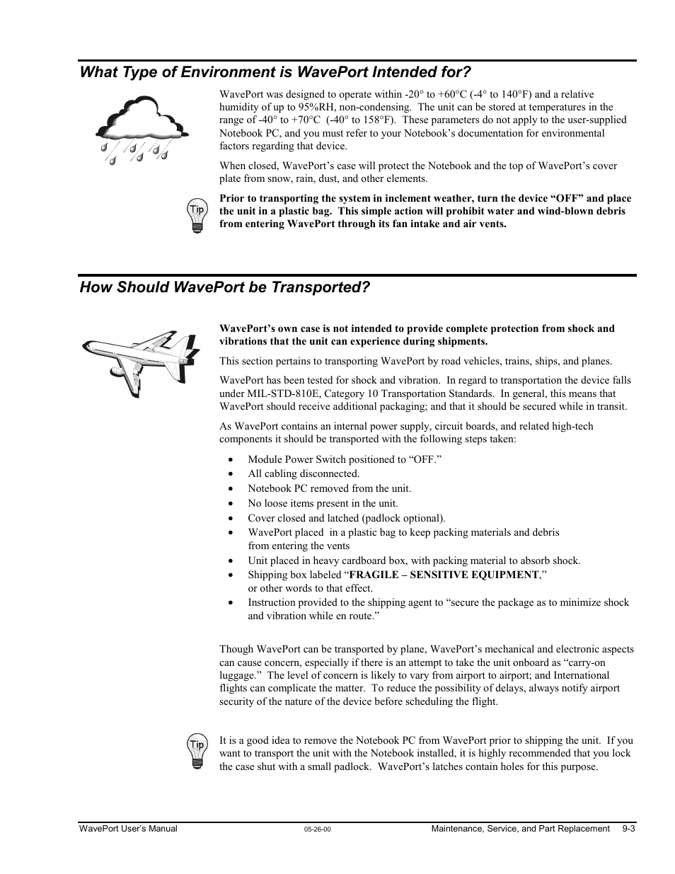 What type of environment is waveport intended for, How should waveport be transported, Ort be transported? …… 9-3 | Measurement Computing WavePort rev.3.0 User Manual | Page 119 / 140