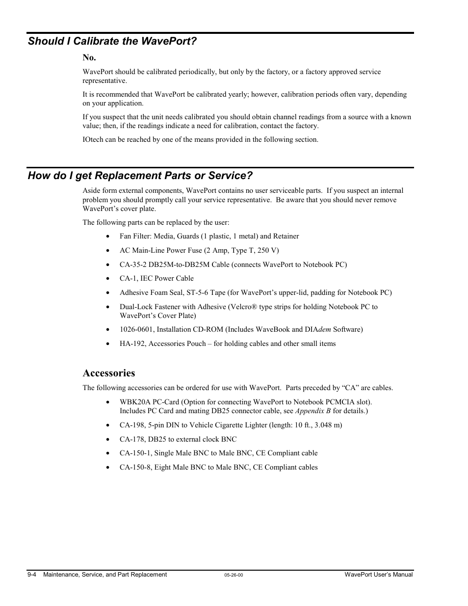 Should i calibrate the waveport, How do i get replacement parts or service, Ort? ……9-4 | Accessories | Measurement Computing WavePort rev.3.0 User Manual | Page 120 / 140
