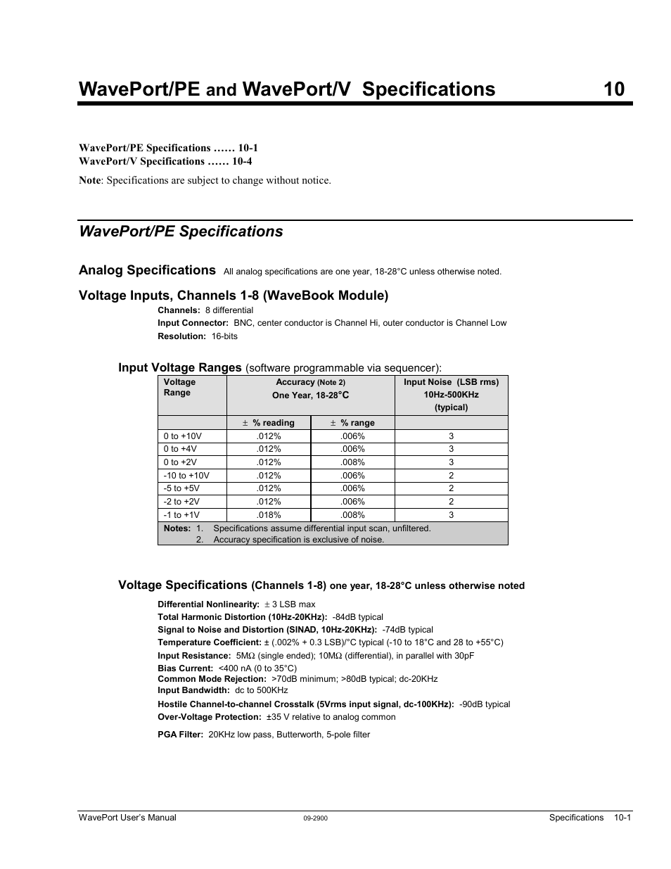 Waveport/pe specifications, Voltage inputs, channels 1-8 (wavebook module), Waveport/pe | Waveport/v specifications 10, Analog specifications | Measurement Computing WavePort rev.3.0 User Manual | Page 123 / 140