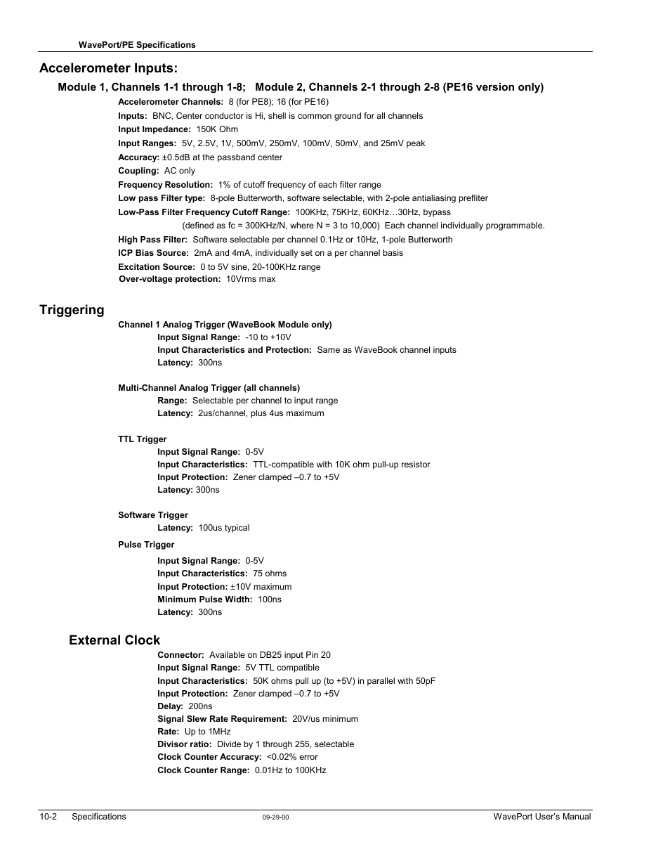 Pulse trigger, Accelerometer inputs, Triggering | External clock | Measurement Computing WavePort rev.3.0 User Manual | Page 124 / 140