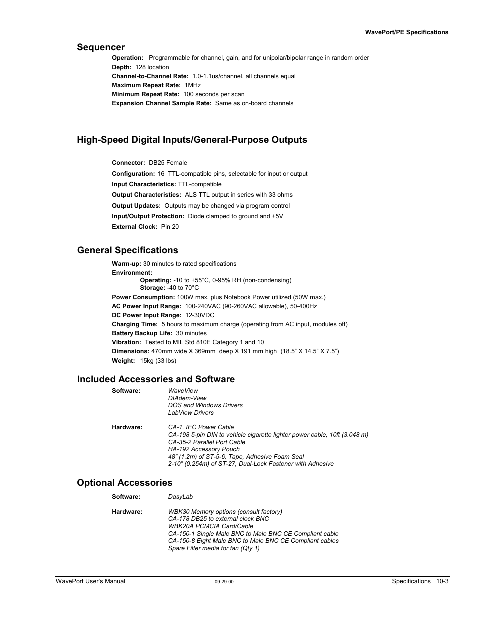 Included accessories and software, Sequencer, High-speed digital inputs/general-purpose outputs | General specifications, Optional accessories | Measurement Computing WavePort rev.3.0 User Manual | Page 125 / 140