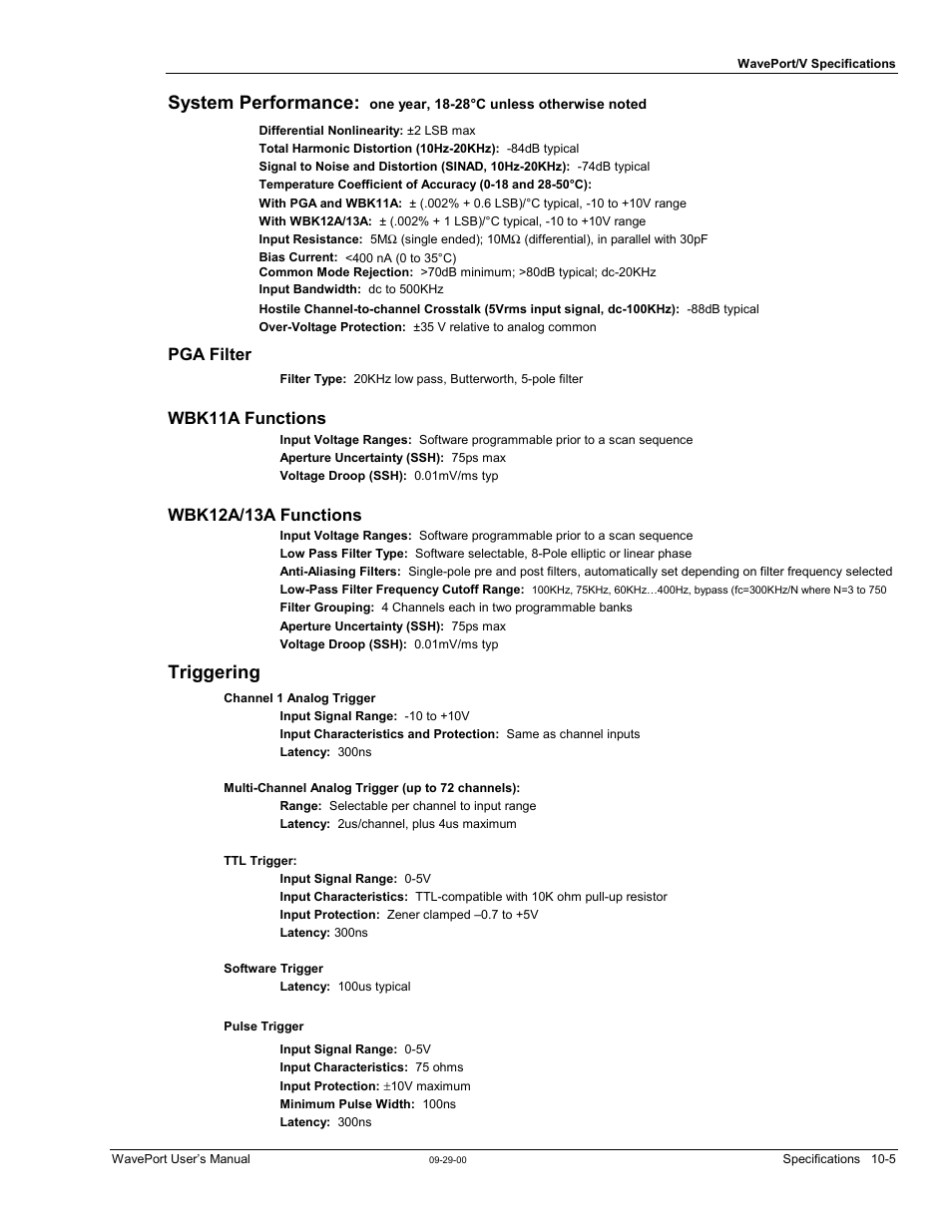 Pga filter, Triggering, Pulse trigger | System performance, Wbk11a functions, Wbk12a/13a functions | Measurement Computing WavePort rev.3.0 User Manual | Page 127 / 140
