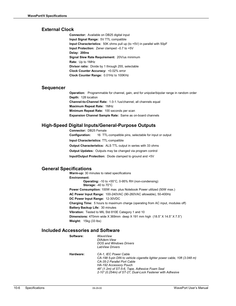 Included accessories and software, External clock, Sequencer | High-speed digital inputs/general-purpose outputs, General specifications | Measurement Computing WavePort rev.3.0 User Manual | Page 128 / 140