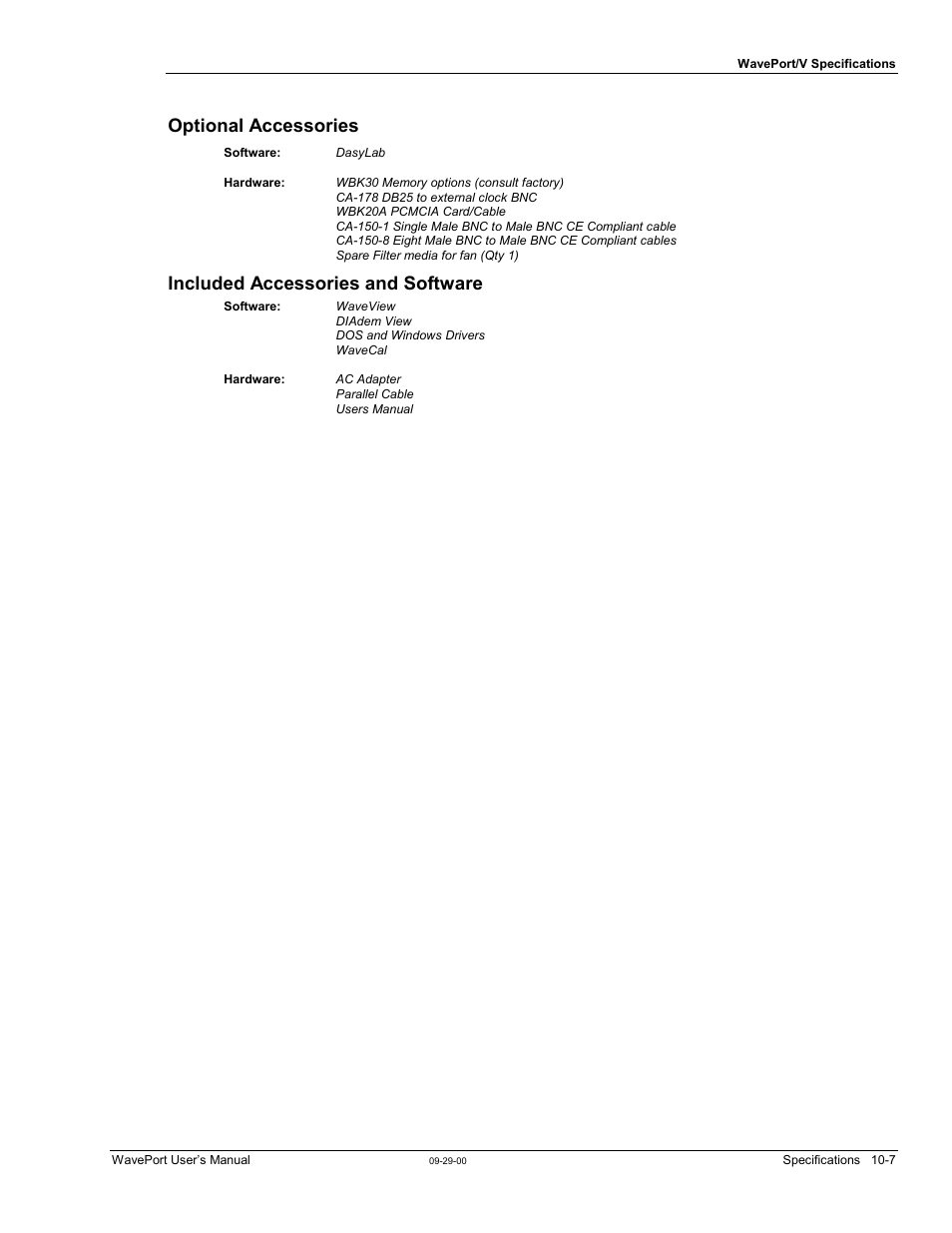 Included accessories and software, Optional accessories | Measurement Computing WavePort rev.3.0 User Manual | Page 129 / 140