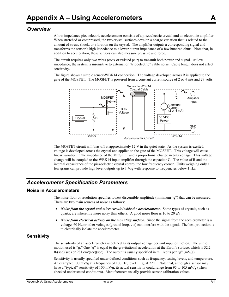 Appendix a – using accelerometers, Overview, Accelerometer specification parameters | Noise in accelerometers, Sensitivity, Appendix a – using accelerometers a | Measurement Computing WavePort rev.3.0 User Manual | Page 131 / 140