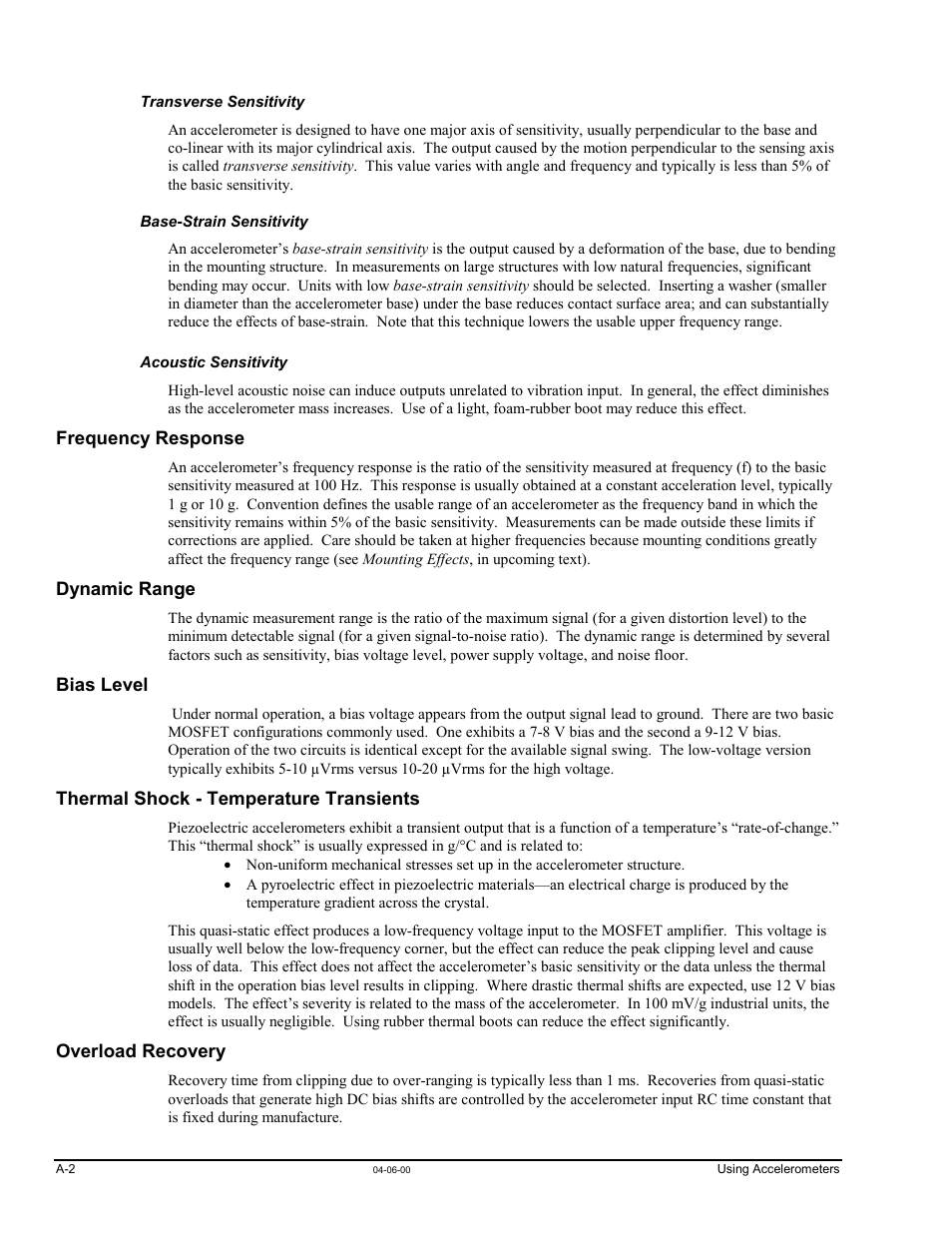 Transverse sensitivity, Base-strain sensitivity, Acoustic sensitivity | Frequency response, Dynamic range, Bias level, Thermal shock - temperature transients, Overload recovery | Measurement Computing WavePort rev.3.0 User Manual | Page 132 / 140