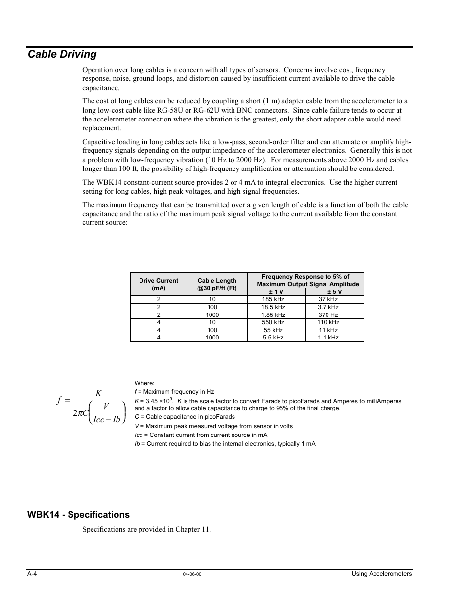 Cable driving, Wbk14 - specifications, Fk c v icc ib = −       2 | Measurement Computing WavePort rev.3.0 User Manual | Page 134 / 140