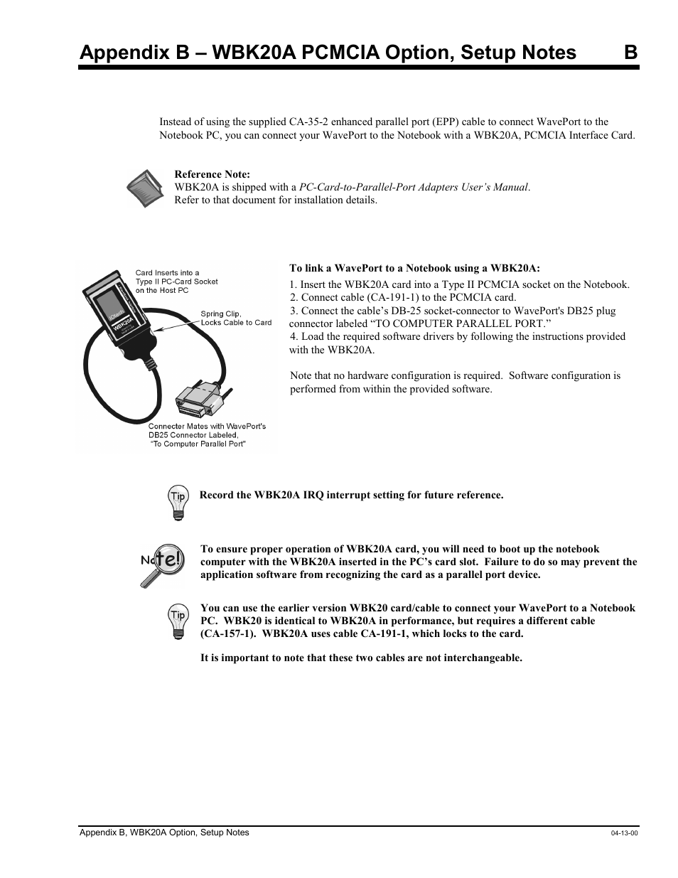 Appendix b – wbk20a pcmcia option, setup notes | Measurement Computing WavePort rev.3.0 User Manual | Page 135 / 140