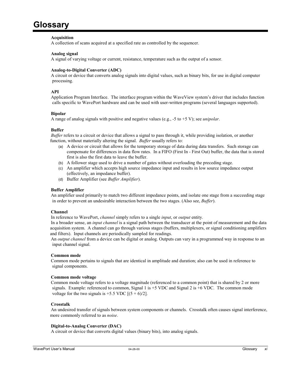 Glossary, Acquisition, Analog signal | Analog-to-digital converter (adc), Bipolar, Buffer, Buffer amplifier (see buffer amplifier), Buffer amplifier, Channel, Common mode | Measurement Computing WavePort rev.3.0 User Manual | Page 137 / 140