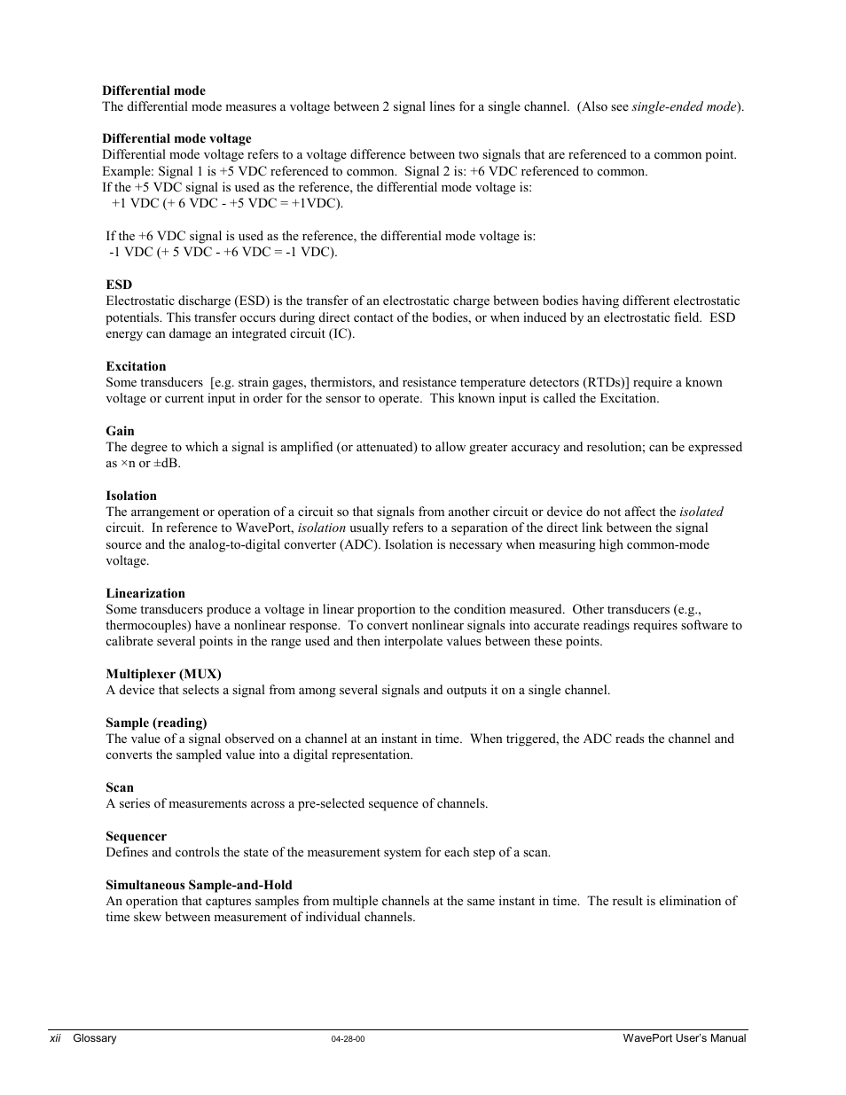 Differential mode, Differential mode voltage, 1 vdc (+ 5 vdc - +6 vdc = -1 vdc) | Excitation, Gain, Isolation, Linearization, Multiplexer (mux), Sample (reading), Scan | Measurement Computing WavePort rev.3.0 User Manual | Page 138 / 140