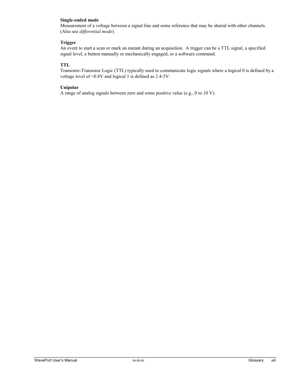 Single-ended mode, Trigger, Unipolar | Measurement Computing WavePort rev.3.0 User Manual | Page 139 / 140