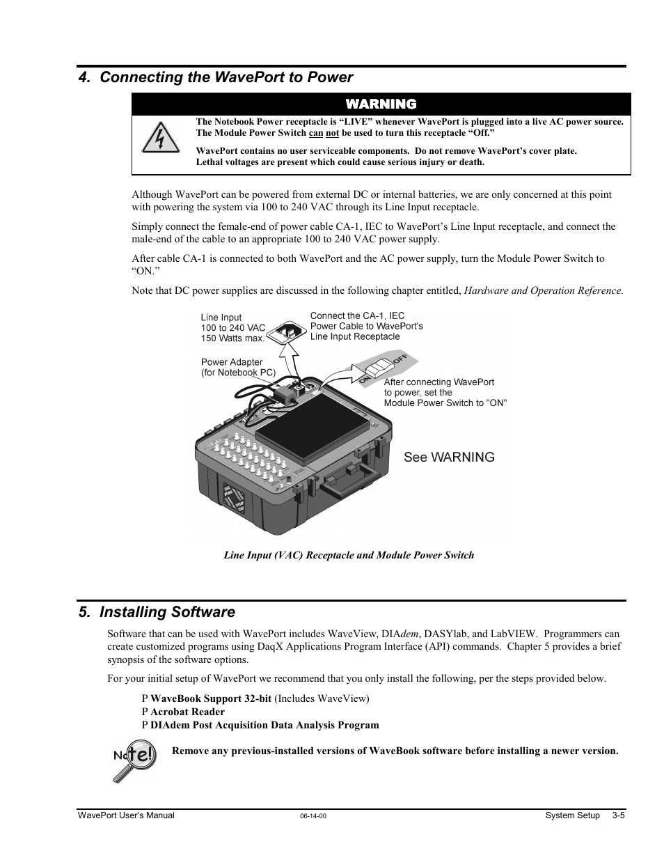 Connecting the waveport to power, Installing software, R…… 3-5 | Measurement Computing WavePort rev.3.0 User Manual | Page 23 / 140