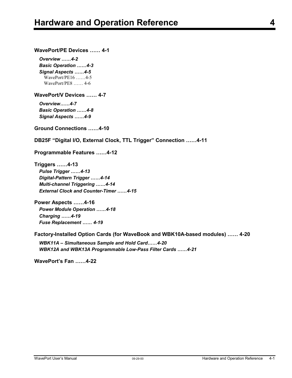 Chapter 4 - hardware and operation reference, Hardware and operation reference 4 | Measurement Computing WavePort rev.3.0 User Manual | Page 29 / 140